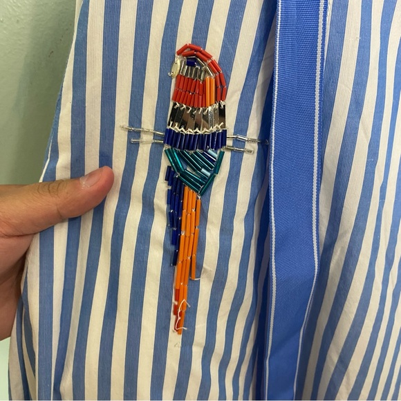 Anthropologie Maeve Tie Back A Line Maxi Dress Striped Blue Beaded Birds 24W - Picture 13 of 16